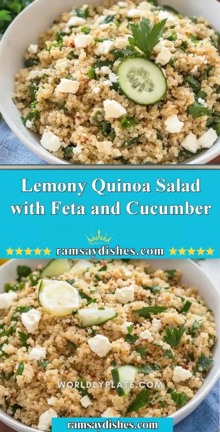 Lemony quinoa salad with feta cheese and cucumber in a bowl