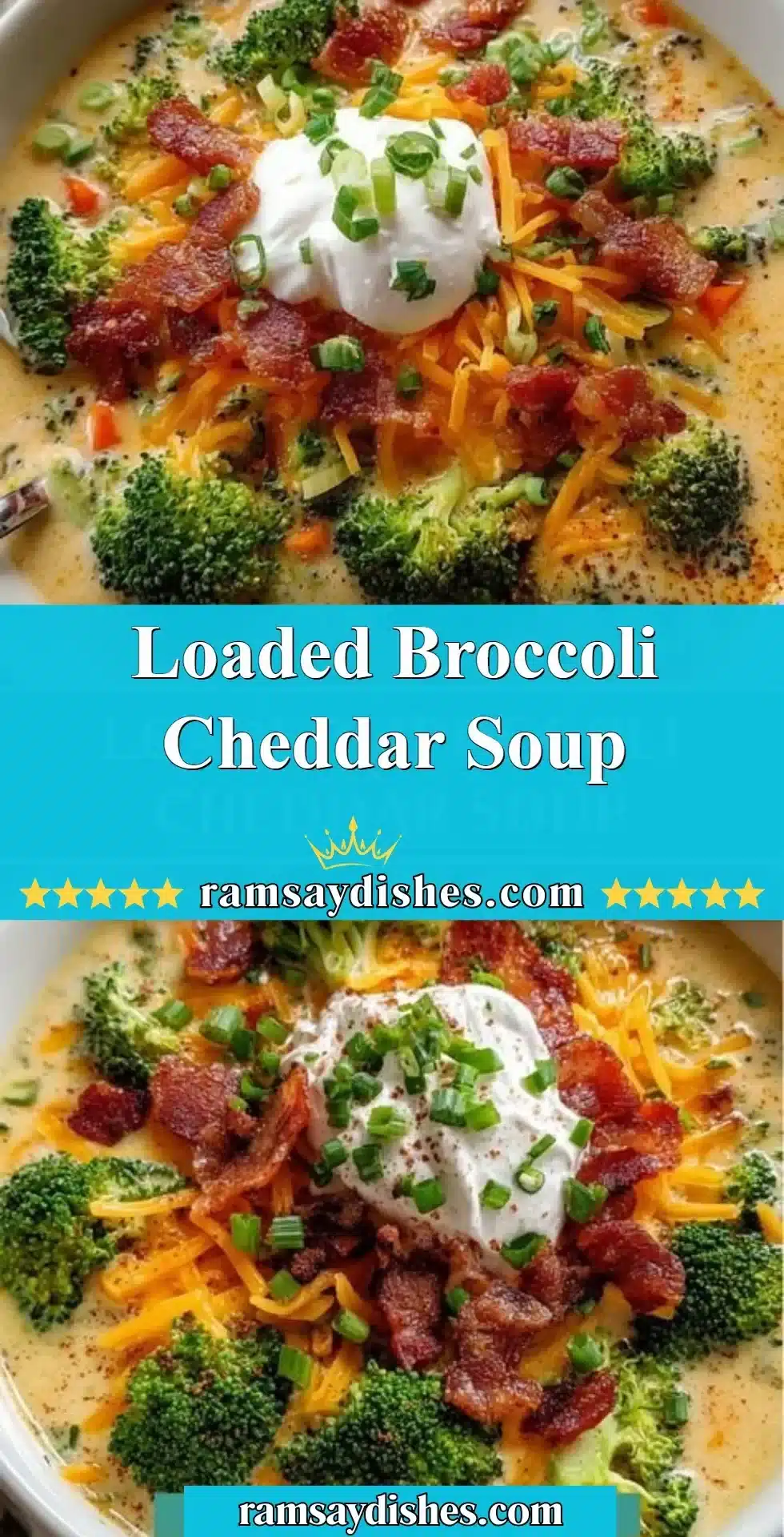 A bowl of loaded broccoli cheddar soup garnished with fresh broccoli and cheese.