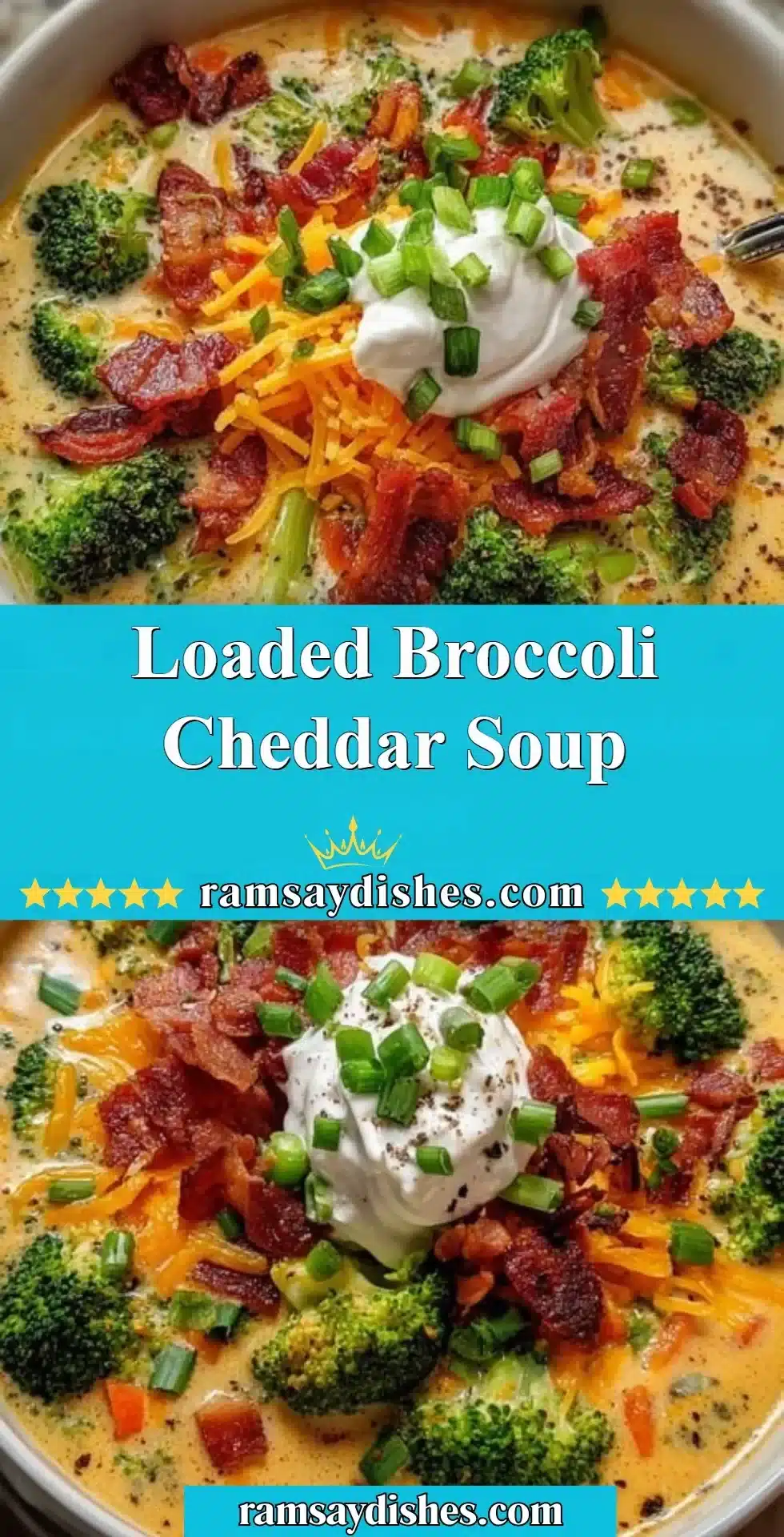 Loaded Broccoli Cheddar Soup 2 A bowl of loaded broccoli cheddar soup topped with fresh cheese and broccoli.