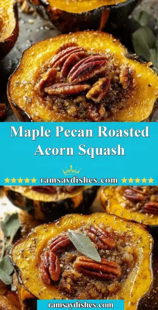 Maple Pecan Roasted Acorn Squash garnished with pecans and maple syrup