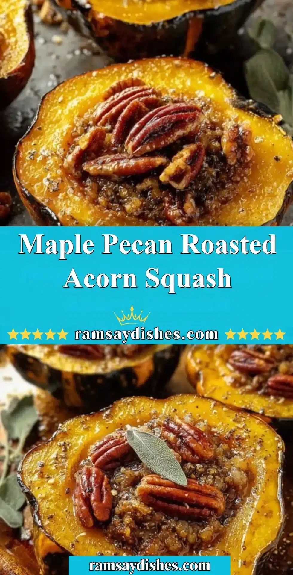 Maple Pecan Roasted Acorn Squash 2 Maple Pecan Roasted Acorn Squash garnished with pecans and maple syrup