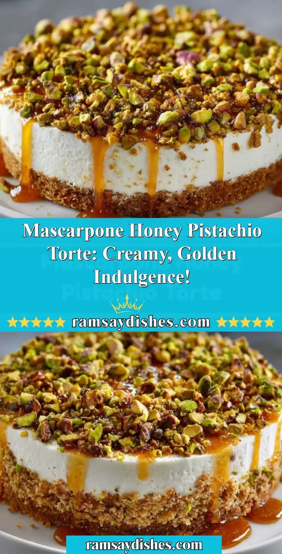 Delicious Mascarpone Honey Pistachio Torte topped with pistachios and honey