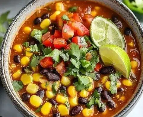 Bowl of delicious meatless taco soup garnished with cilantro and avocado