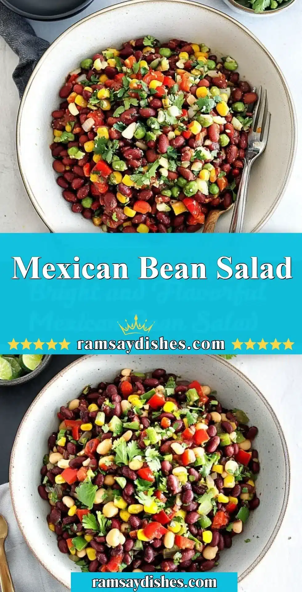 Mexican Bean Salad 2 Colorful and nutritious Mexican Bean Salad with fresh vegetables and beans.