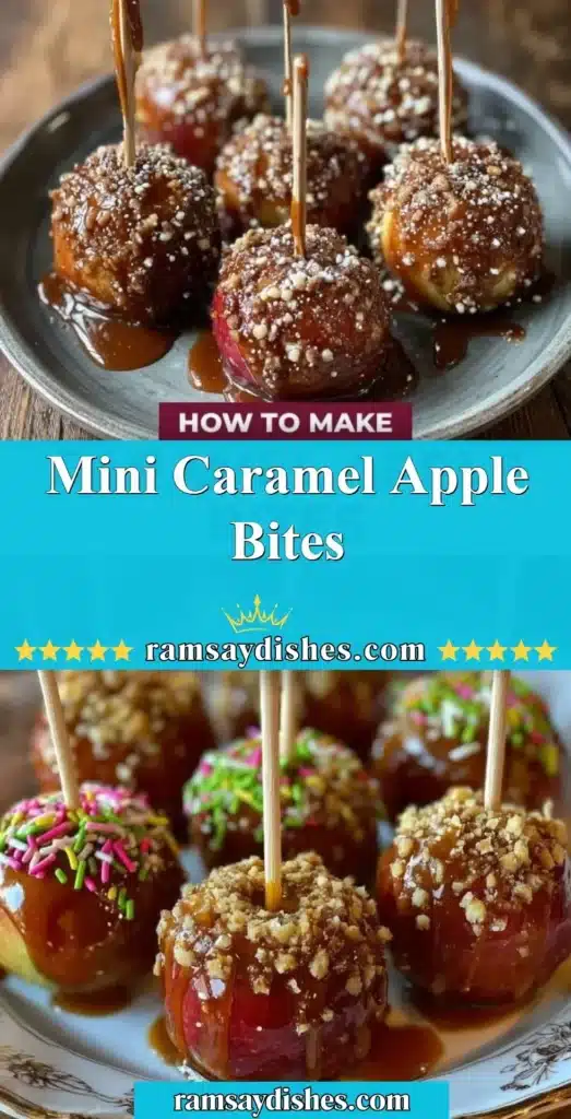 Mini caramel apple bites on a plate topped with nuts and caramel drizzle