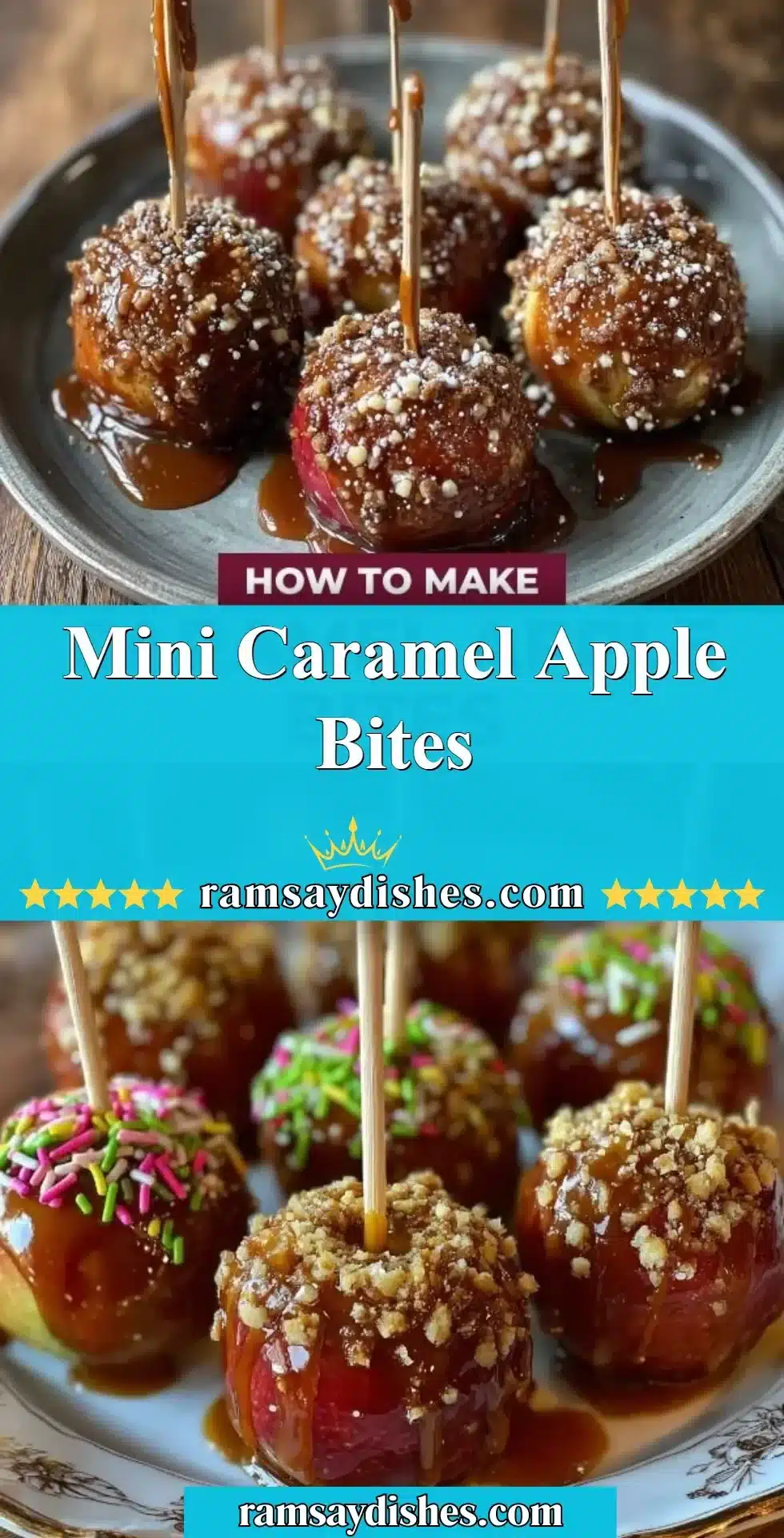 Mini caramel apple bites on a plate topped with nuts and caramel drizzle