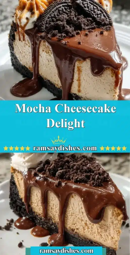 Slice of rich Mocha Cheesecake Delight topped with whipped cream and coffee beans.