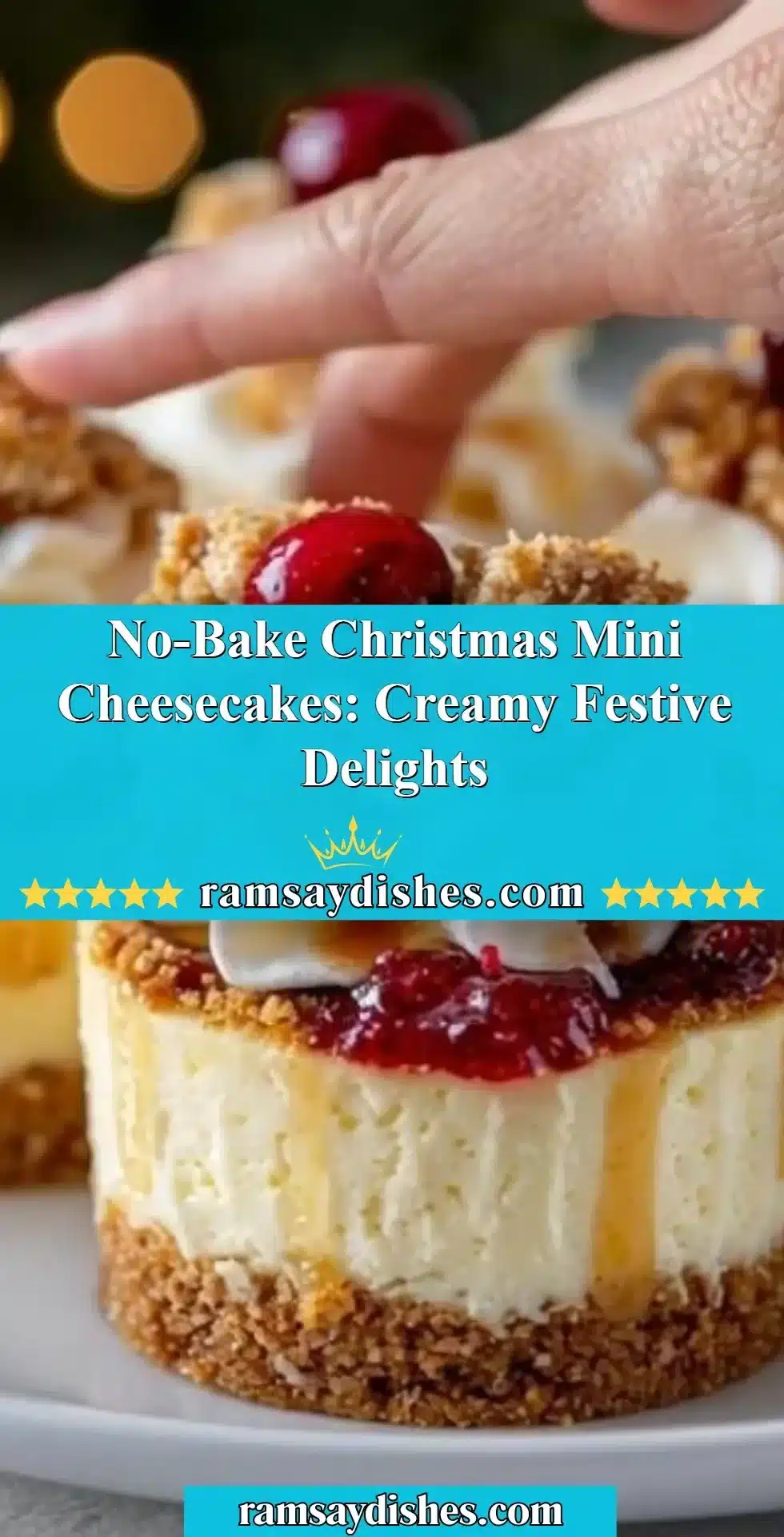 No-bake Christmas mini cheesecakes topped with festive decorations