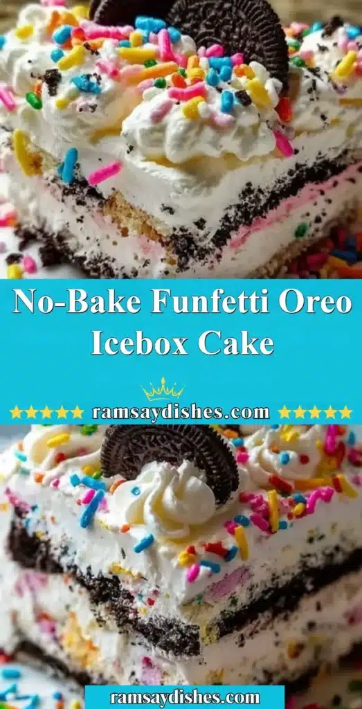 No-Bake Funfetti Oreo Icebox Cake layered with colorful sprinkles and cream