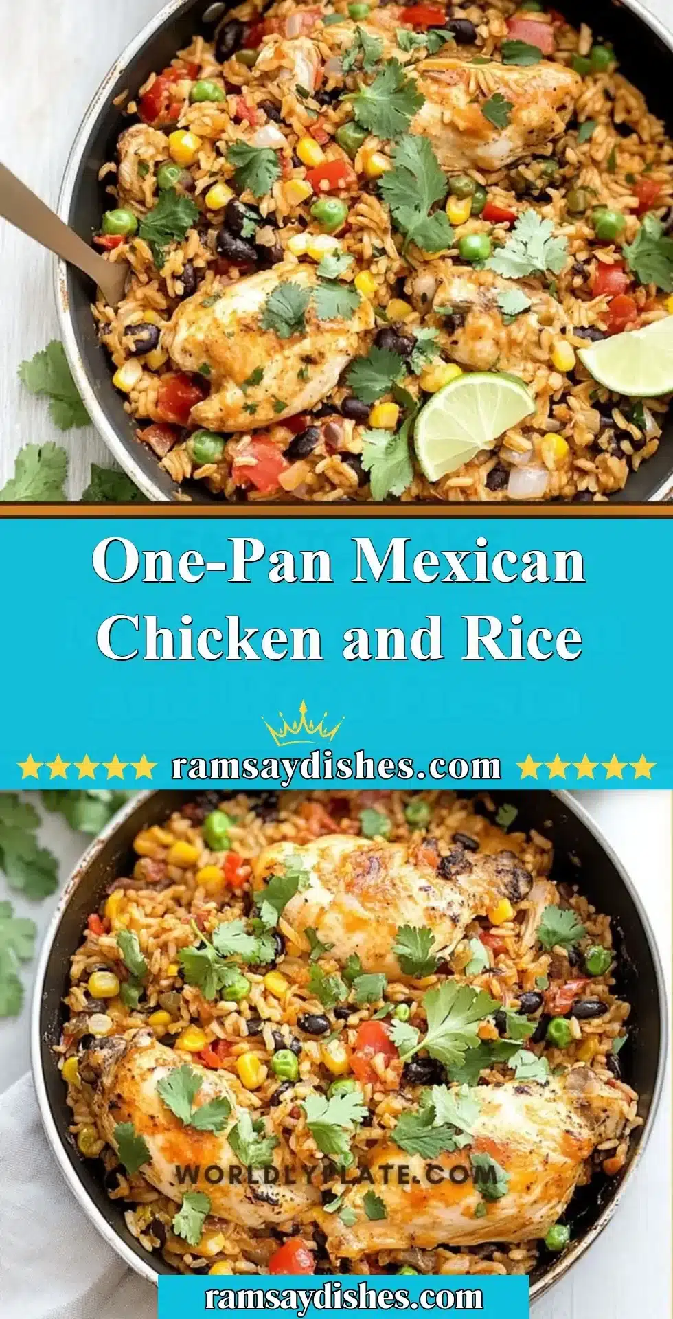 One-Pan Mexican Chicken and Rice served with fresh cilantro and lime.