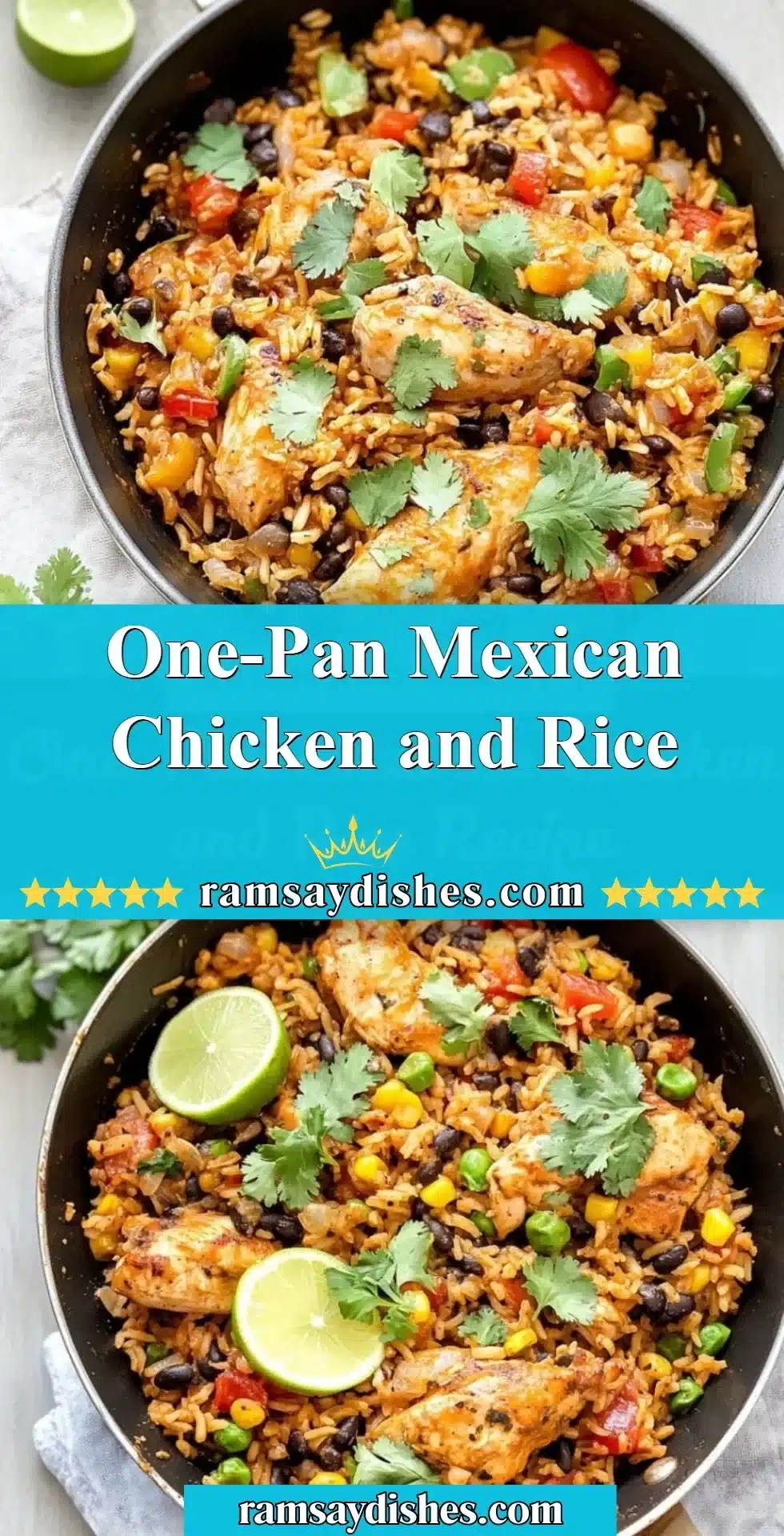One-Pan Mexican Chicken and Rice dish garnished with cilantro and lime