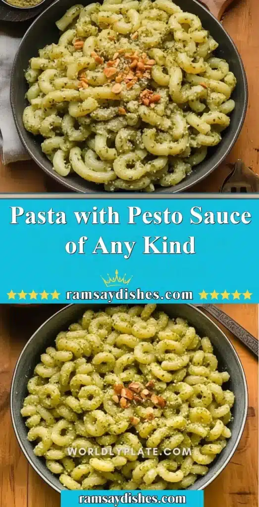 Plate of pasta with vibrant pesto sauce garnished with fresh basil