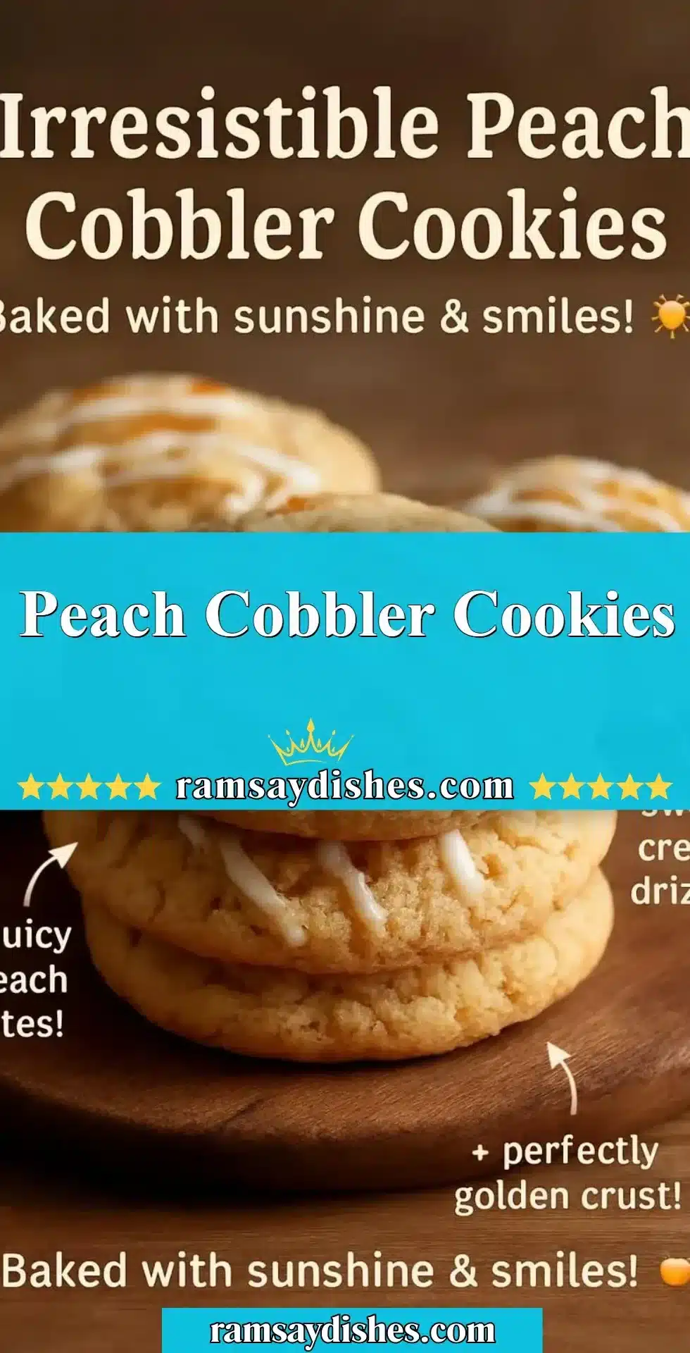 Peach Cobbler Cookies 2 Delicious Peach Cobbler Cookies on a rustic wooden table.