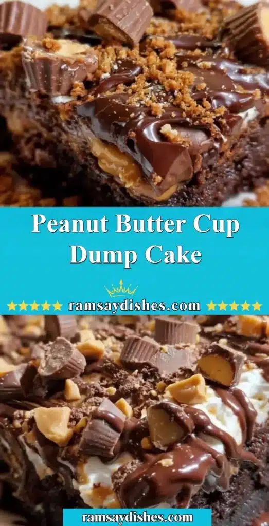 Delicious Peanut Butter Cup Dump Cake topped with peanut butter and chocolate