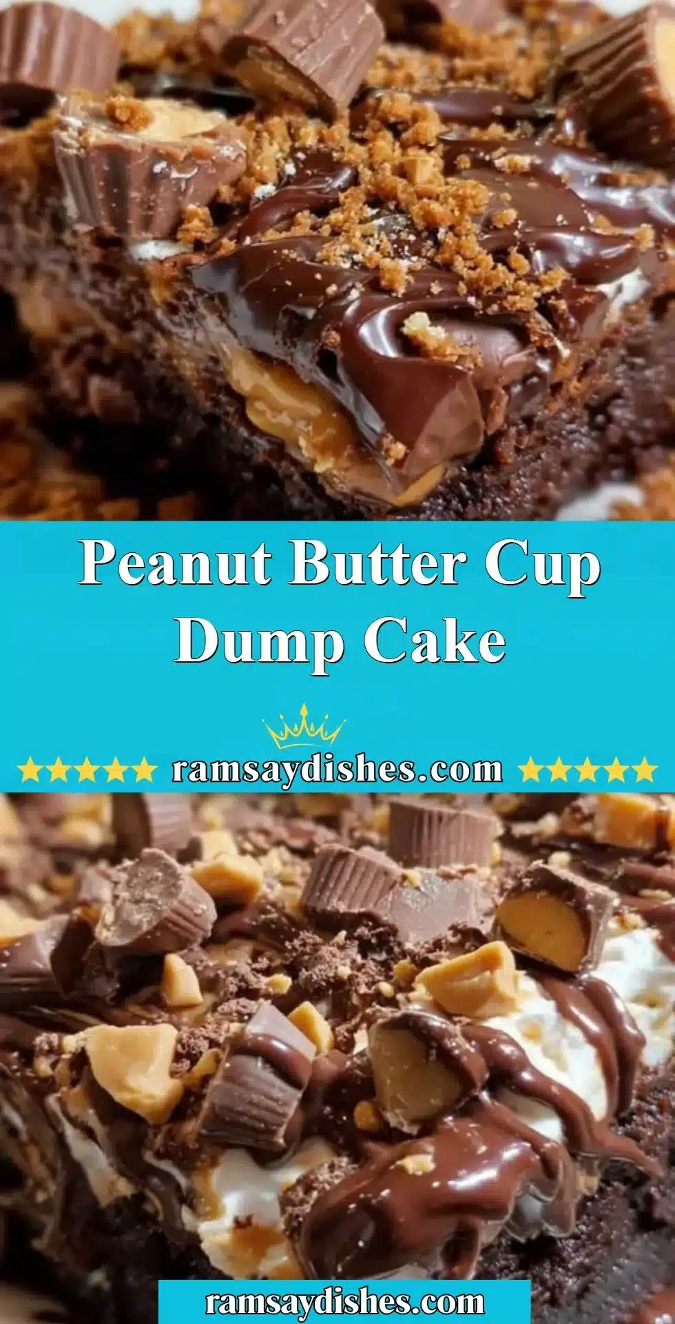 Peanut Butter Cup Dump Cake 2 Delicious Peanut Butter Cup Dump Cake topped with peanut butter and chocolate