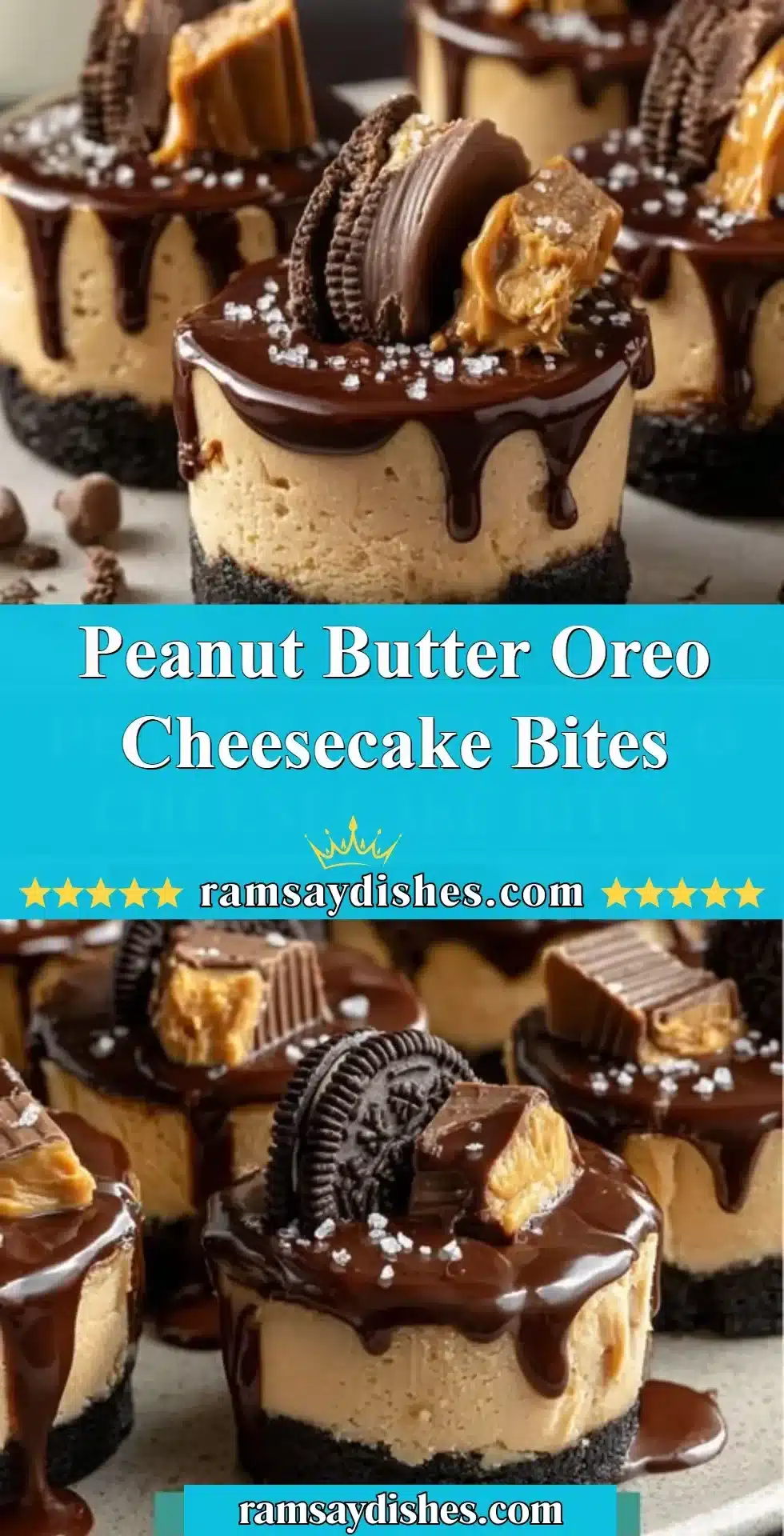 Peanut Butter Oreo Cheesecake Bites 2 Delicious peanut butter Oreo cheesecake bites topped with chocolate drizzle