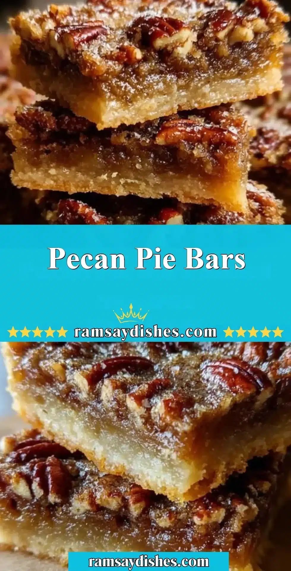 Pecan pie bars topped with nuts and caramel in a baking dish