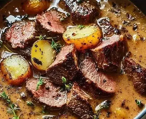 Bowl of steaming Pepper Steak Soup garnished with herbs