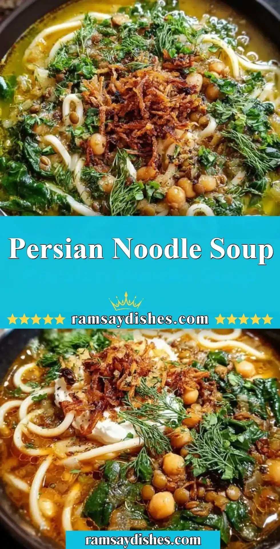 A steaming bowl of Persian noodle soup with fresh herbs and spices.