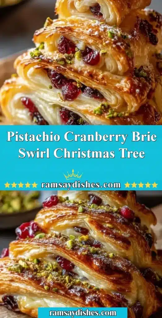 Pistachio Cranberry Brie Swirl shaped like a Christmas tree appetizer