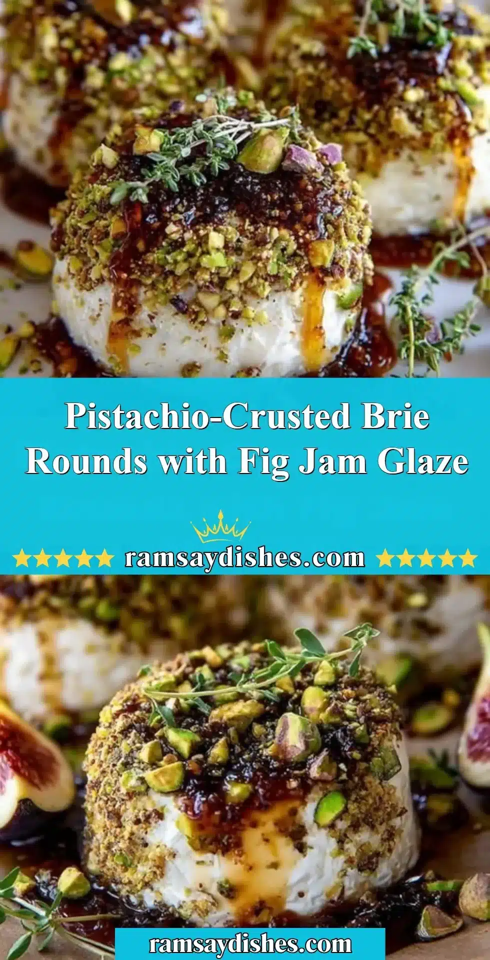 Pistachio-crusted brie rounds served with fig jam glaze on a wooden board
