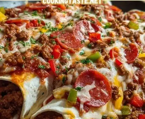 Delicious Pizza Enchiladas with Ground Beef served on a plate.