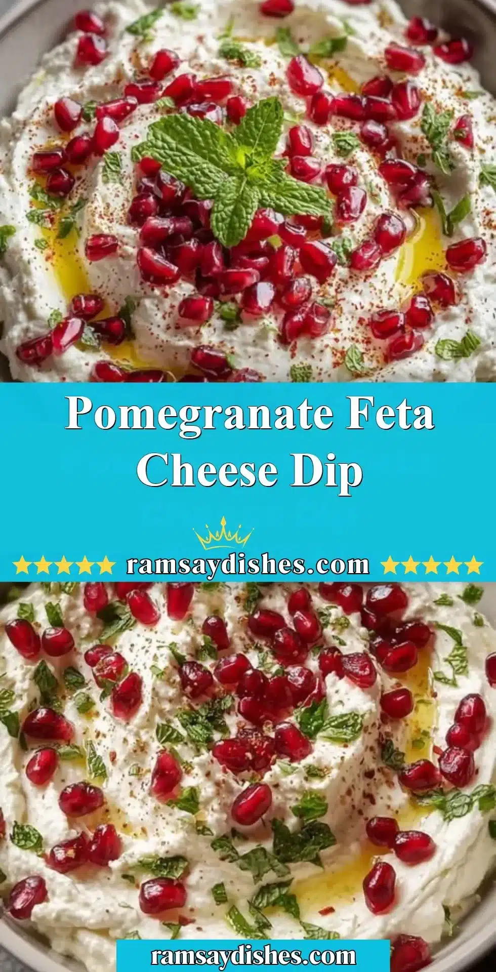 Pomegranate Feta Cheese Dip served in a bowl with garnishes
