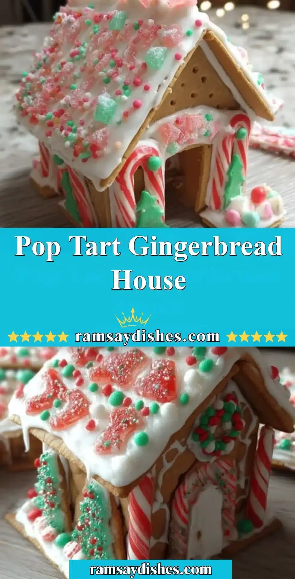 Colorful Pop Tart Gingerbread House decorated for the holidays