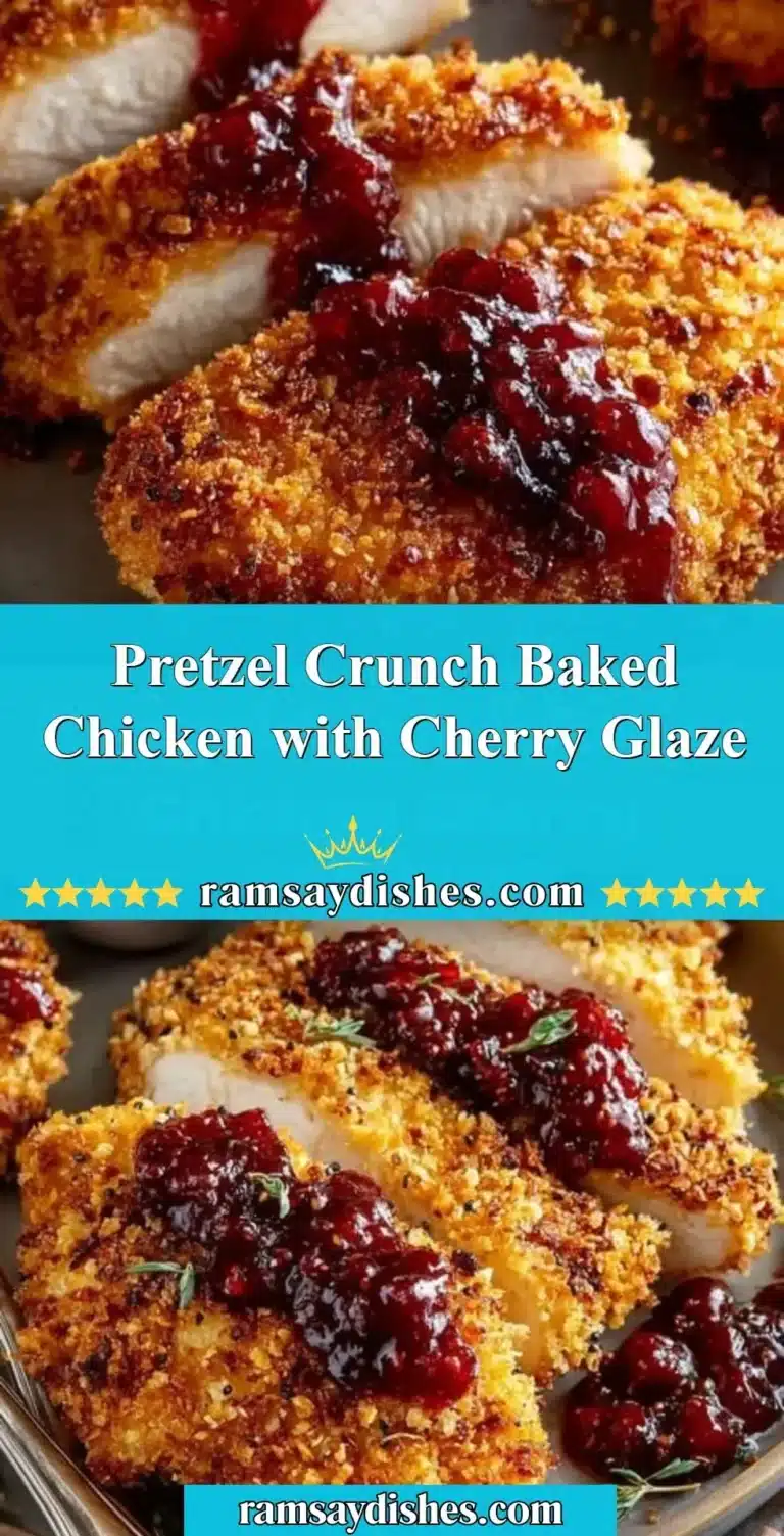 Pretzel Crunch Baked Chicken topped with Cherry Glaze served on a plate