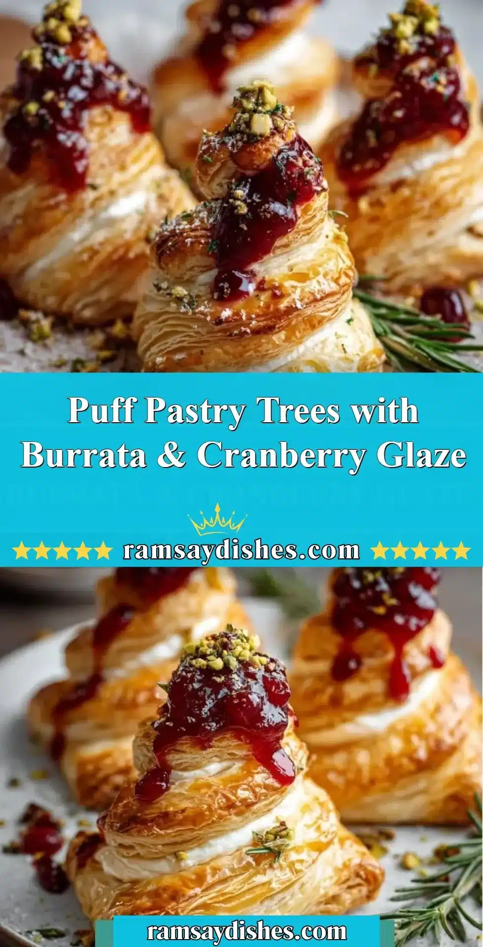 Puff pastry trees topped with burrata and cranberry glaze, perfect for holidays.