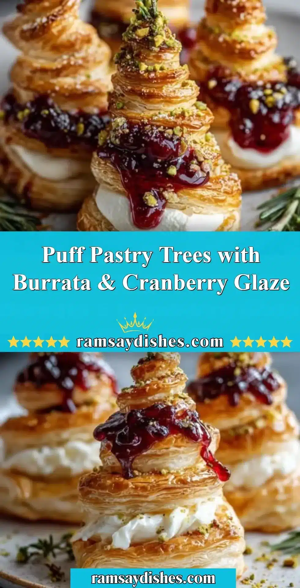 Puff pastry trees filled with burrata cheese and topped with cranberry glaze