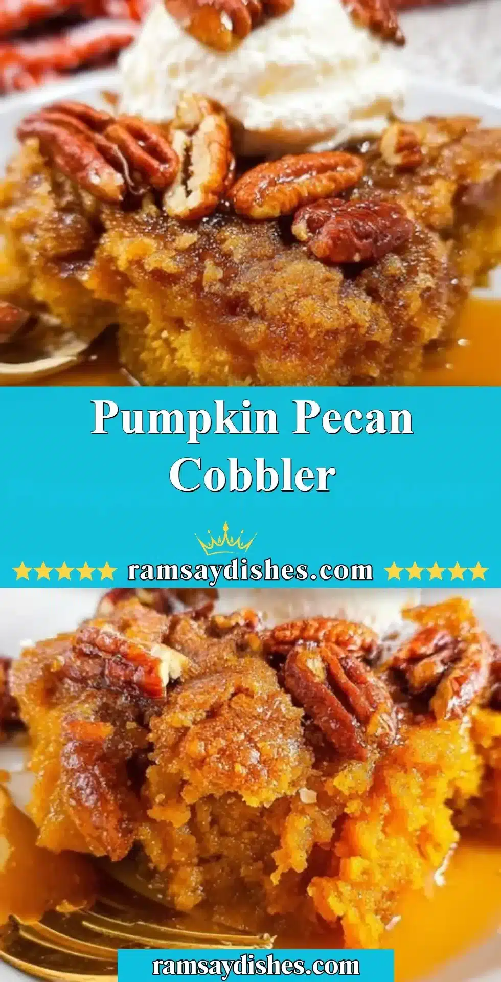 Delicious Pumpkin Pecan Cobbler topped with pecans and served warm.