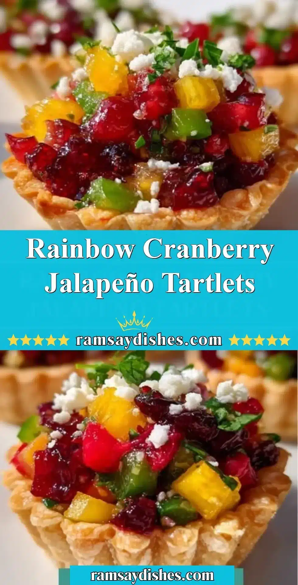 Rainbow cranberry jalapeño tartlets garnished with mint leaves on a platter