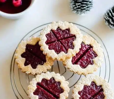 Freshly baked Raspberry Linzer Cookies with raspberry filling and powdered sugar.