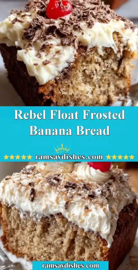 Delicious Rebel Float Frosted Banana Bread topped with creamy frosting