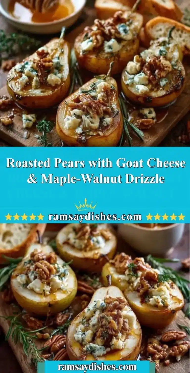 Roasted pears topped with goat cheese and a maple-walnut drizzle on a plate.