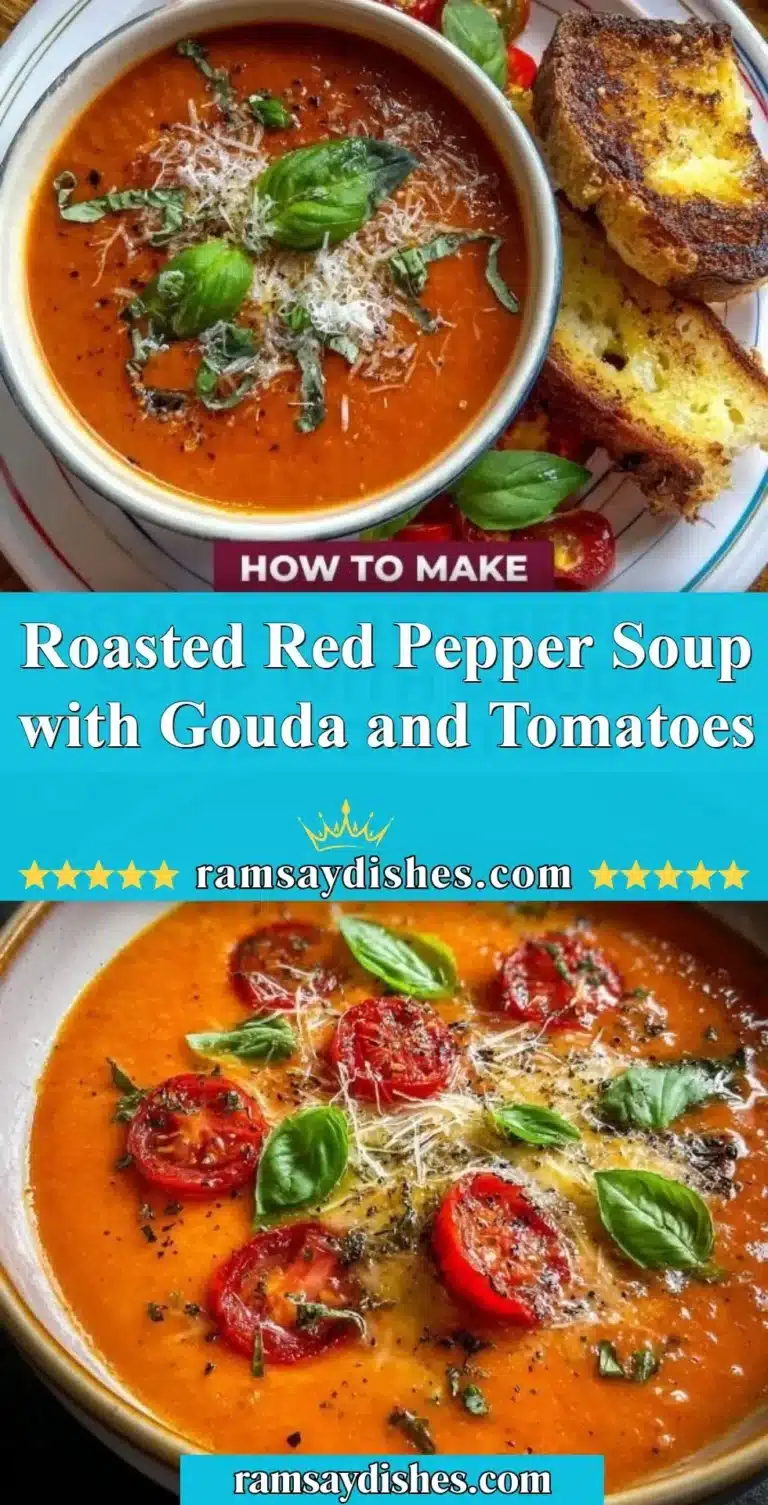 Roasted Red Pepper Soup with Gouda and Tomatoes 8 Bowl of roasted red pepper soup topped with Gouda and fresh tomatoes.
