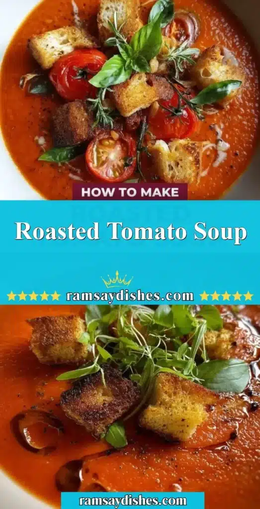 Bowl of delicious roasted tomato soup garnished with fresh basil.