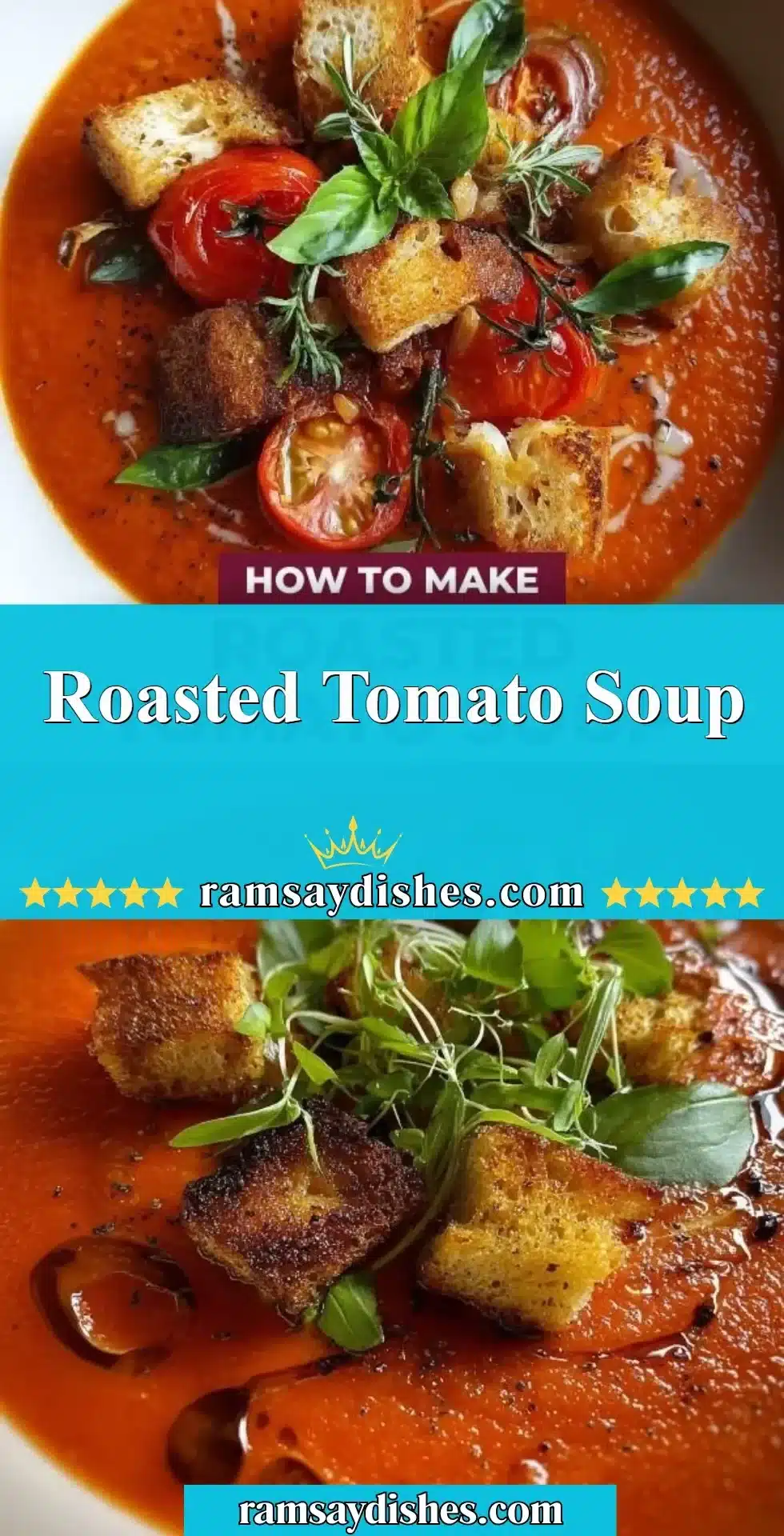 Roasted Tomato Soup 2 Bowl of delicious roasted tomato soup garnished with fresh basil.