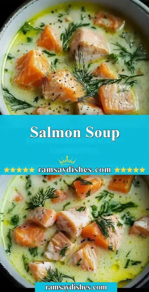 Bowl of creamy salmon soup garnished with herbs and fresh vegetables