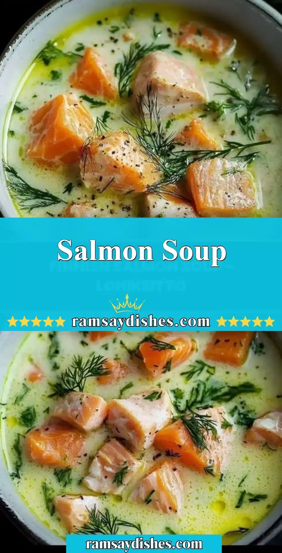 Salmon Soup 2 Bowl of creamy salmon soup garnished with herbs and fresh vegetables