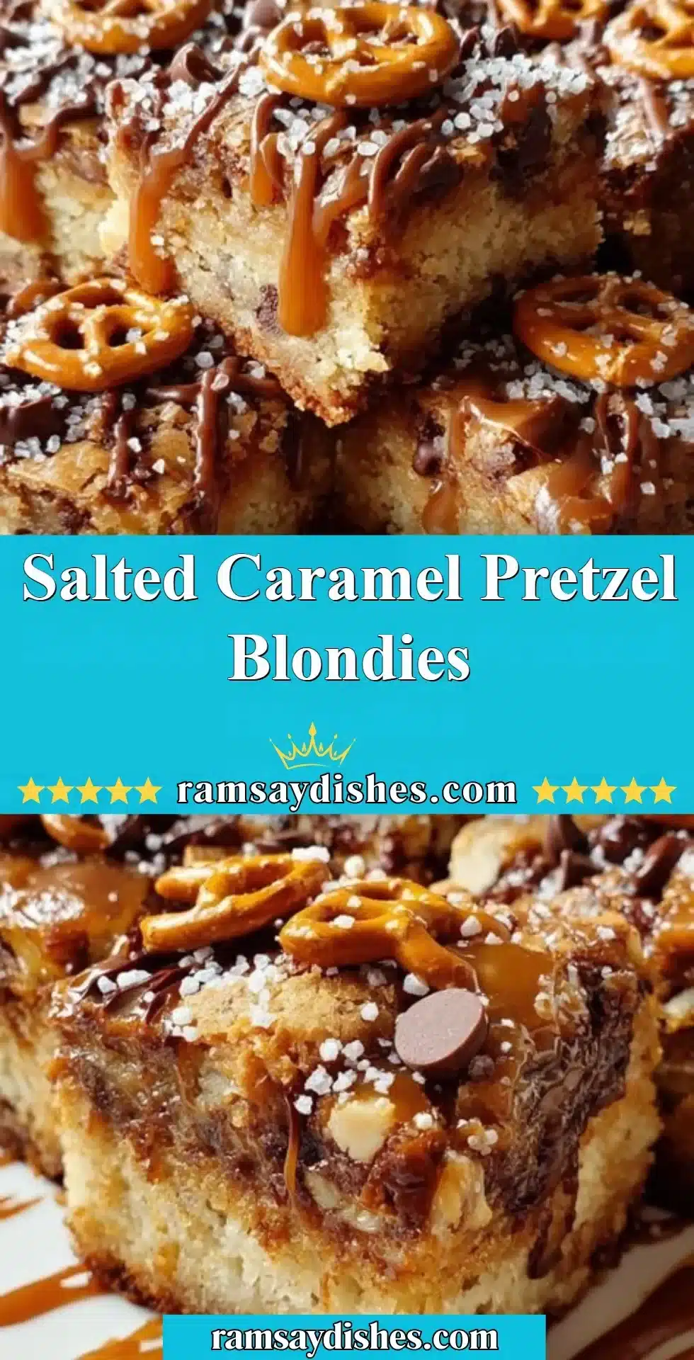 Delicious salted caramel pretzel blondies topped with chocolate and sea salt.