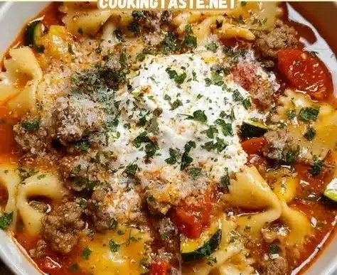 Sausage Lasagna Soup 4 Bowl of Sausage Lasagna Soup with melted cheese and herbs