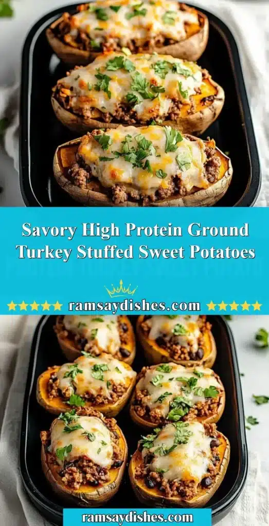 High protein ground turkey stuffed sweet potatoes served on a plate.