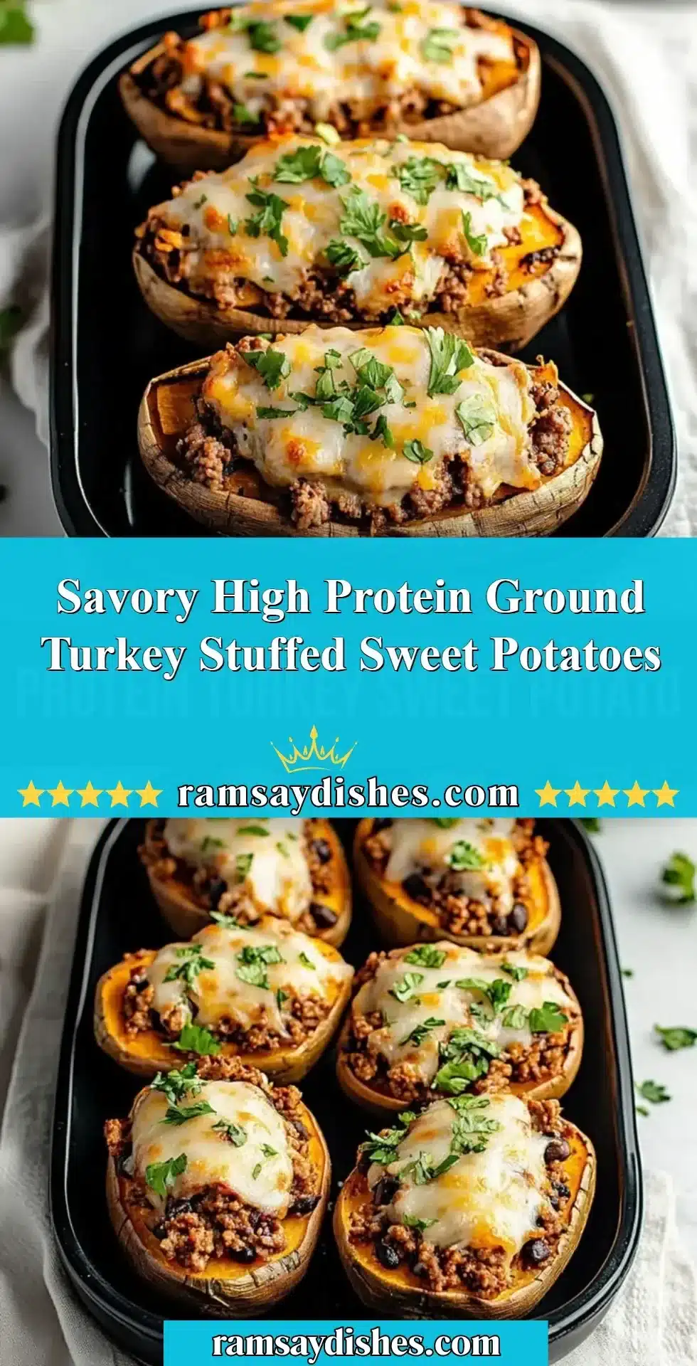 High protein ground turkey stuffed sweet potatoes served on a plate.