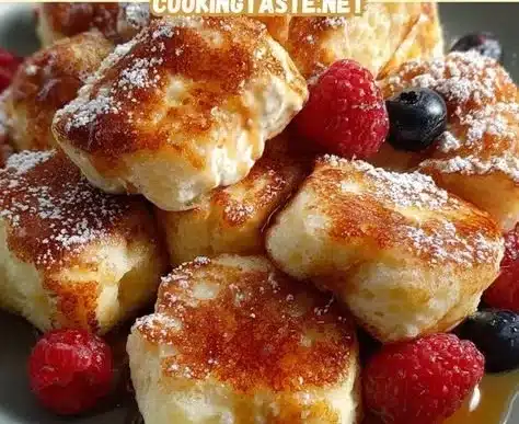 Scrambled Pancake Bites 8 Scrambled pancake bites served on a plate with syrup and fruit garnish