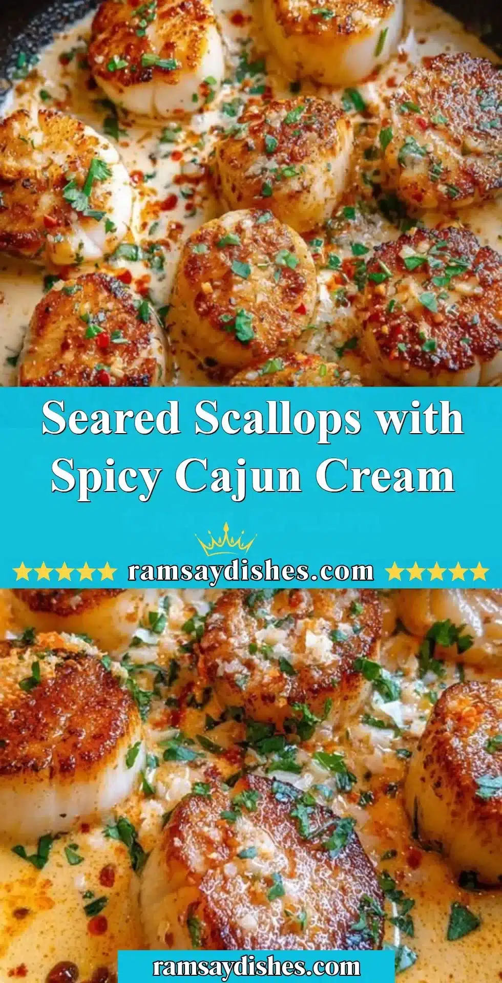 Plate of seared scallops with spicy Cajun cream sauce garnished with herbs