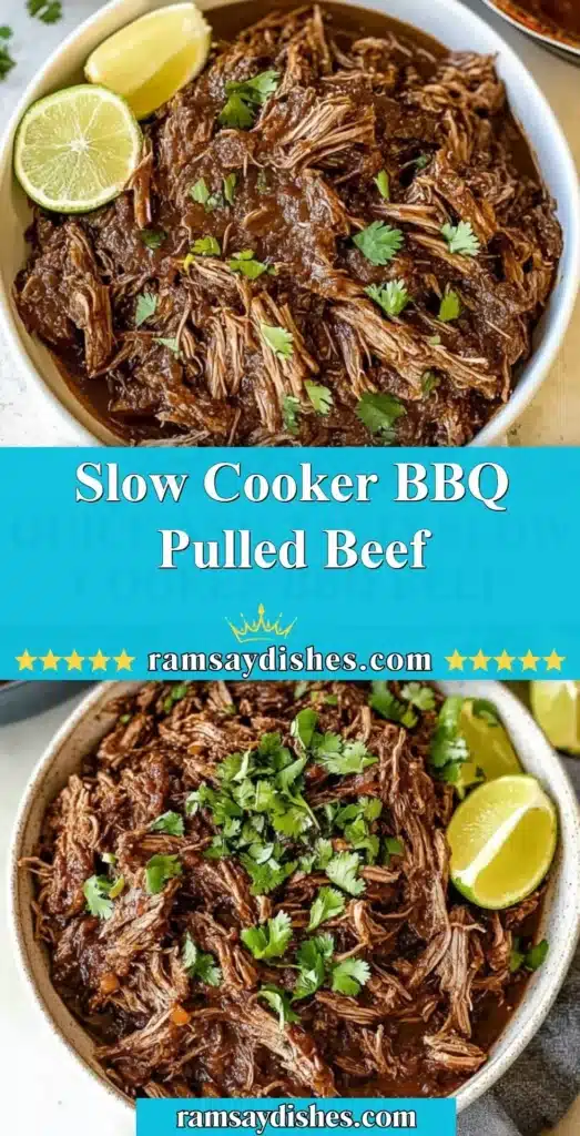 Delicious Slow Cooker BBQ Pulled Beef served on a bun