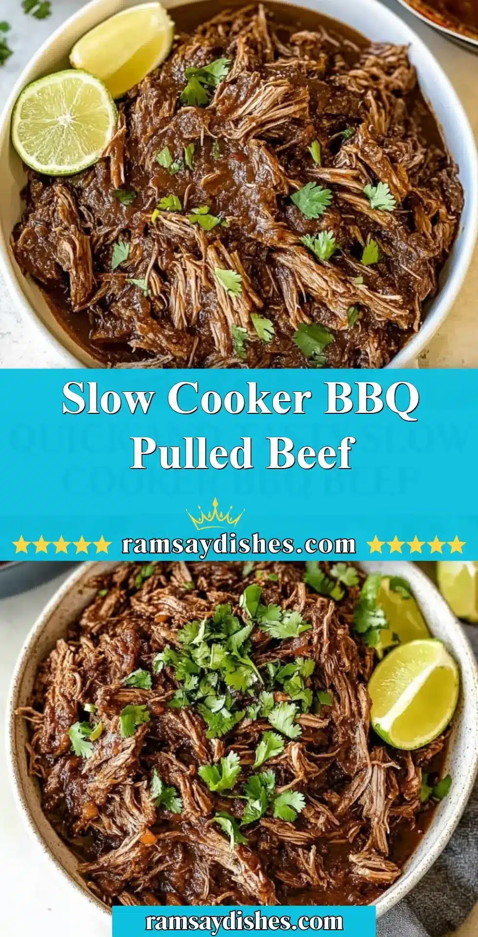 Delicious Slow Cooker BBQ Pulled Beef served on a bun