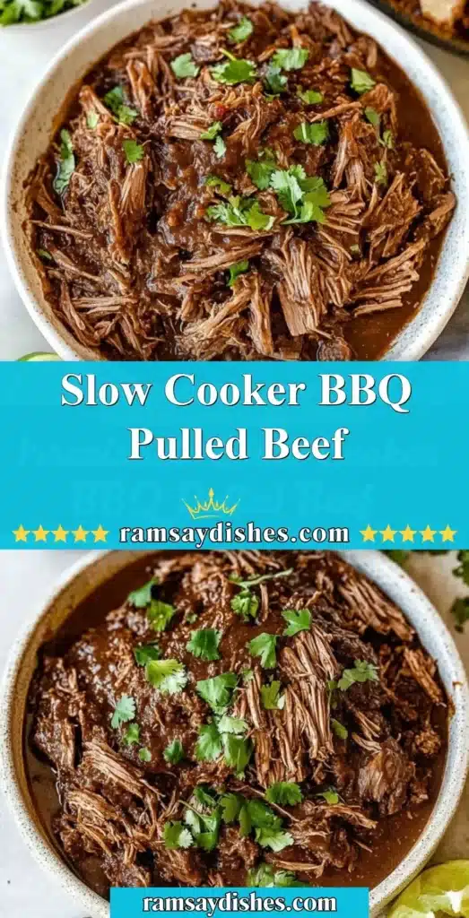 Delicious slow-cooked BBQ pulled beef served on a bun with sauce.
